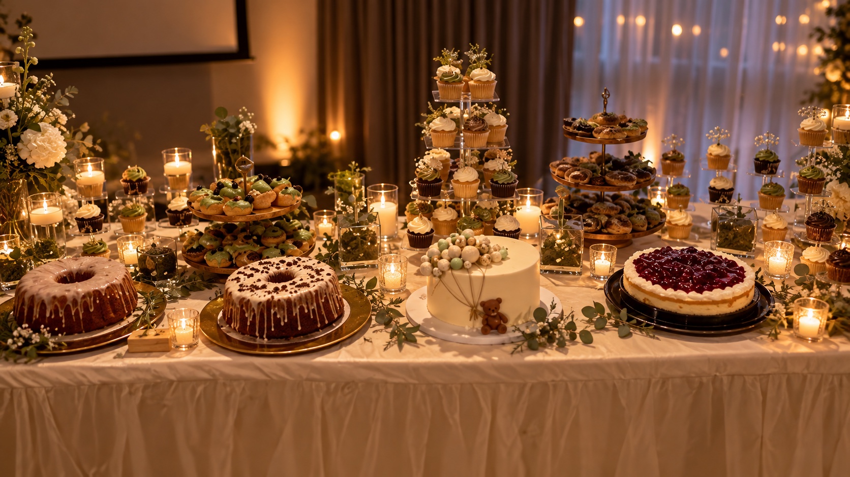 For Goodness Sakes dessert table glowing in candlelight
